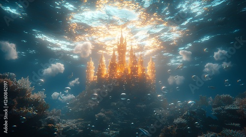 Underwater castle, fantasy, coral reef, sunlit, digital art,  background, ocean, beautiful