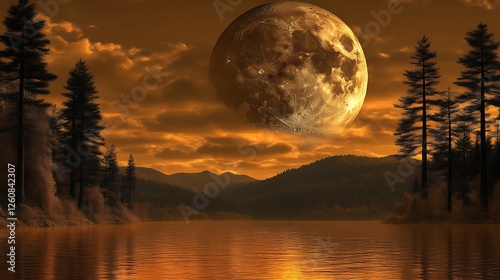 Golden Moon Over Serene Lake and Forest Landscape