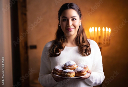 A medium shot of a female holding a plate of sufganiyot with powdered sugar, while a menorah burns brightly on the table in front. photo