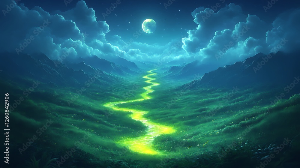 Fototapeta premium Glowing River Winds Through Moonlight Valley Mountains