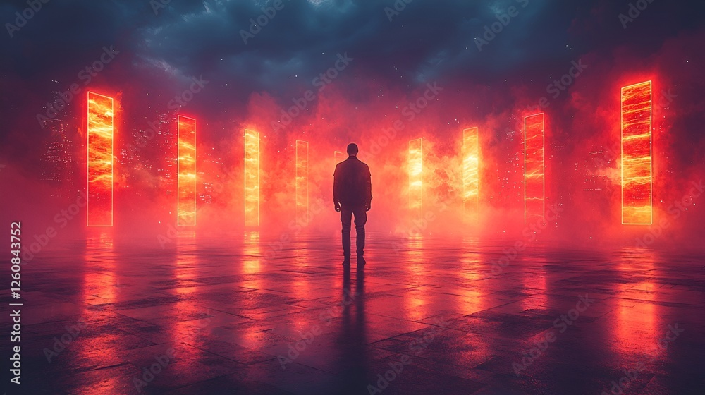 Fototapeta premium Mysterious figure in neon-lit futuristic space