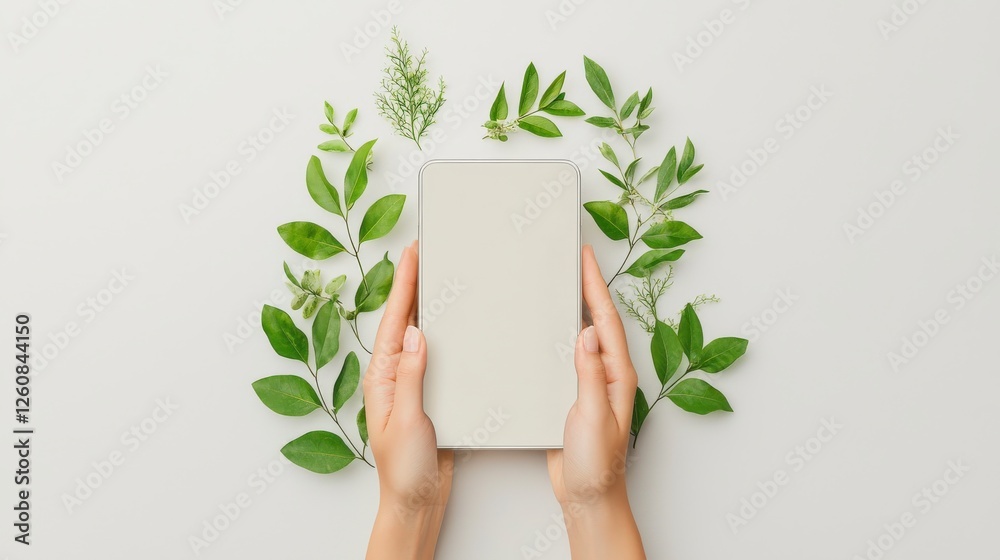 Hands holding a blank notebook surrounded by green leaves, symbolizing nature, creativity, and mindfulness. Hands holding a blank notebook surrounded by green leaves, symbolizing nature, creativity, and mindfulness.