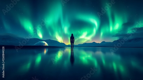 Woman Silhouetted Against Vibrant Aurora Borealis Over Frozen Lake