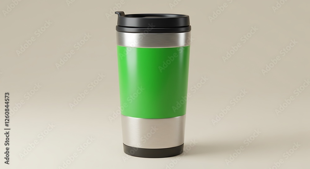 Isolated Stainless Steel Travel Mug with Green Wrap and Black Lid Isolated Stainless Steel Travel Mug with Green Wrap and Black Lid