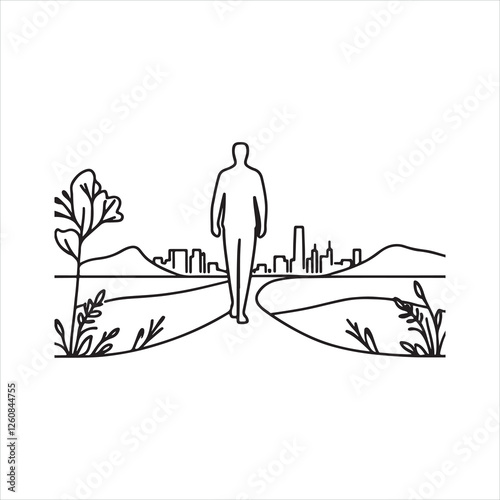 Single one line man person go far away walk alone outdoor life one line art silhouette on white background
