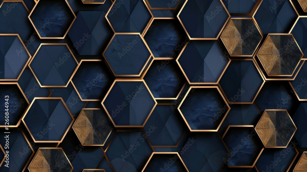 Elegant geometric pattern deep navy blue soft gold hexagons triangles clean minimalist design high contrast shapes perfect symmetry architectural precision Elegant geometric pattern deep navy blue soft gold hexagons triangles clean minimalist design high contrast shapes perfect symmetry architectural precision