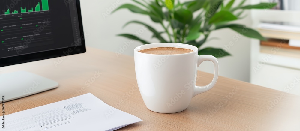 A desk with a modern computer showing detailed investment graphs, a cup of coffee steaming gently nearby, and documents neatly stacked. A desk with a modern computer showing detailed investment graphs, a cup of coffee steaming gently nearby, and documents neatly stacked.