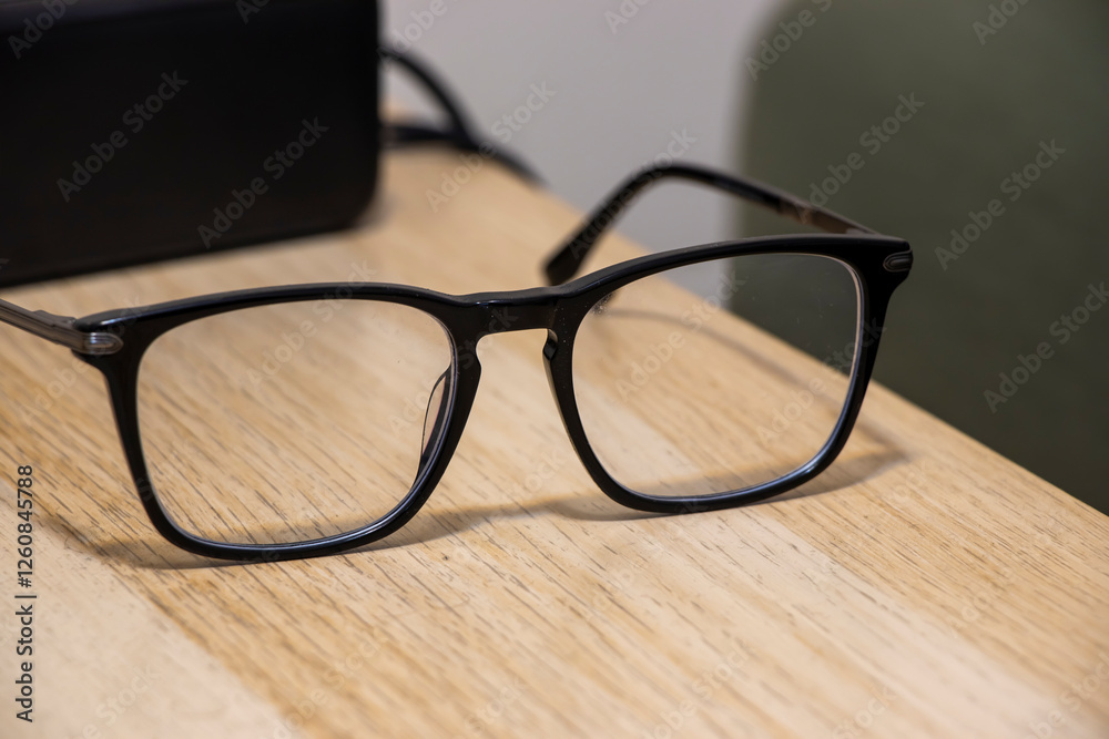 Stylish black glasses on a wooden table, ideal for showcasing modern eyewear. Perfect for fashion and accessory advertisements. Stylish black glasses on a wooden table, ideal for showcasing modern eyewear. Perfect for fashion and accessory advertisements.