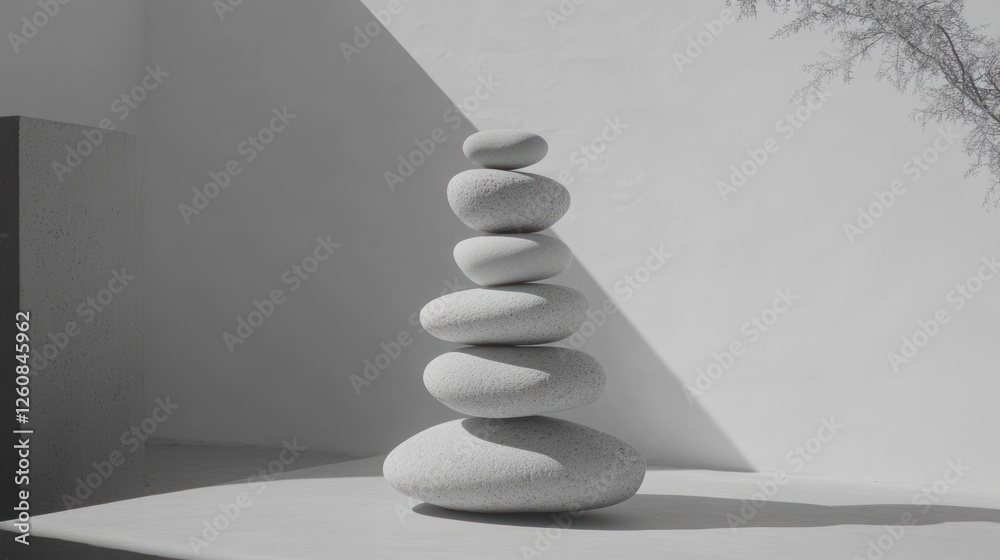 Fototapeta premium Stacked stones, balance, sunlight, minimalist interior