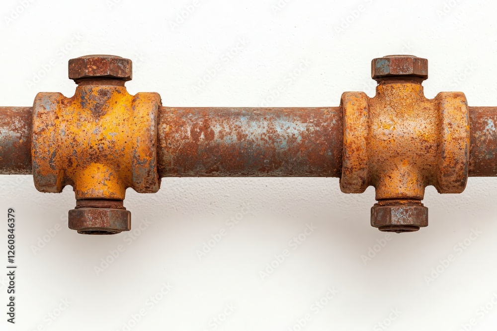 Rusty Industrial Metal Pipe with Detailed Texture and Cute Mechanics in a Close-Up View on a White Background Rusty Industrial Metal Pipe with Detailed Texture and Cute Mechanics in a Close-Up View on a White Background