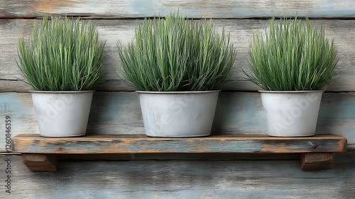 Three potted plants sit on a rustic wooden shelf