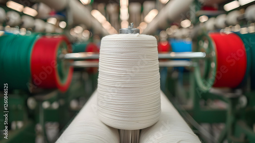 Spinning yarn process in textile industry manufacturing plant close-up photography industrial environment focused perspective photo