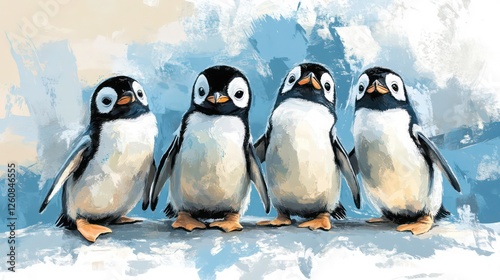 Cute penguins on ice, digital painting, playful, adorable photo