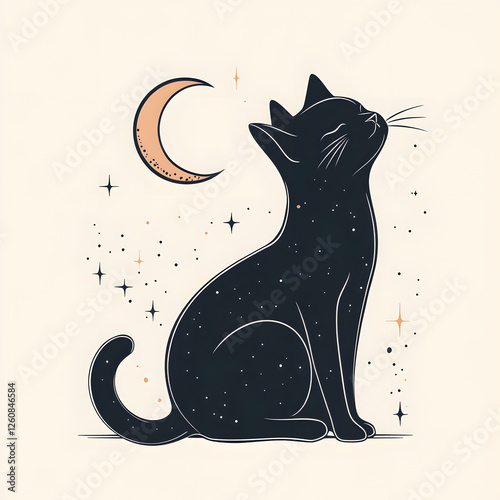 Minimalist Tattoo Design of Cat with Moon Tail photo