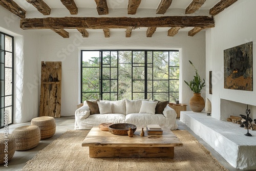 Bright and airy living room with rustic touch modern home interior design cozy environment wide angle view tranquility concept