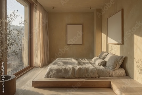 Serene minimalist bedroom design urban apartment interior photography natural light wide angle modern aesthetics