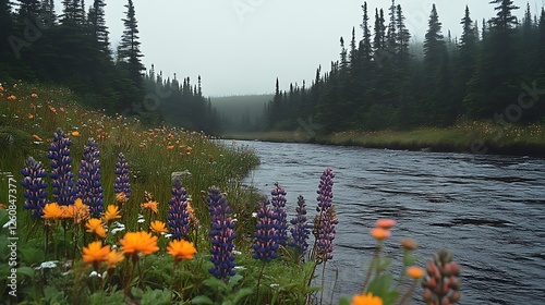 Wildflowers bloom beside a tranquil forest river