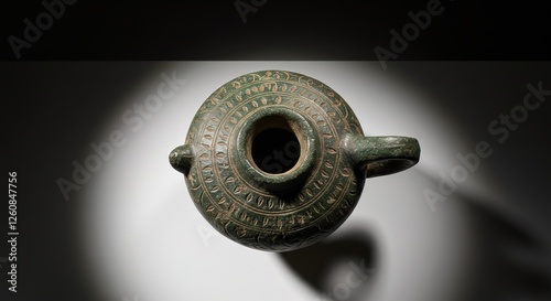 Overhead view of an ancient green bronze vessel. Oval shape with a handle, intricate etched leaf circular designs adorn its surface. A prehistoric artifact. photo