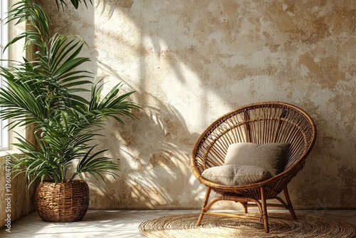 Japandi style living room with soft beige walls and rattan furniture cozy interior natural light serenity