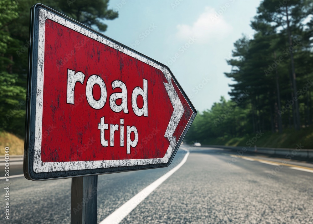 Road Trip Sign with Arrow Pointing Right on Empty Highway Background Road Trip Sign with Arrow Pointing Right on Empty Highway Background