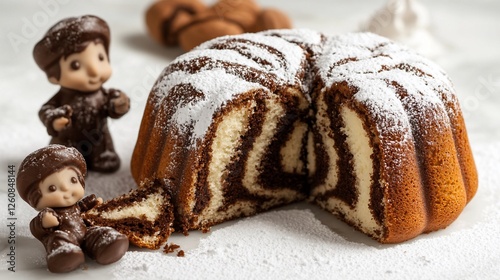 Marble cake sliced, figurines, powdered sugar, baking photo