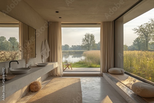 Luxury minimalist bathroom design with floating vanity serene nature view contemporary style tranquil environment