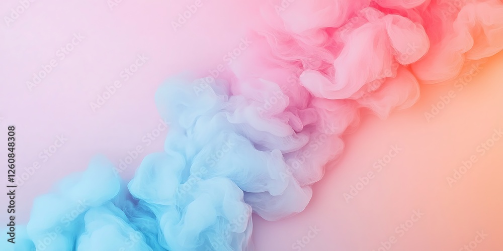 Fototapeta premium A gradient of pink and blue smoke wisps against a soft pastel background, creating a dreamy and ethereal atmosphere.