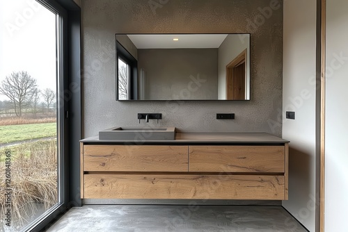 Modern minimalist bathroom design contemporary home high-quality image elegant space eye-level view luxurious aesthetic