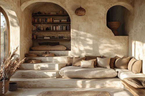 Cozy contemporary reading nook in earthy tones indoor space interior design minimalist environment inviting atmosphere