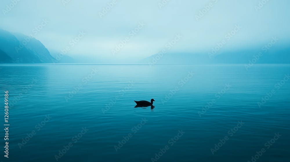 Obraz premium A serene waterscape featuring a solitary duck gliding across a calm, misty lake surrounded by mountains, This image conveys tranquility and solitude