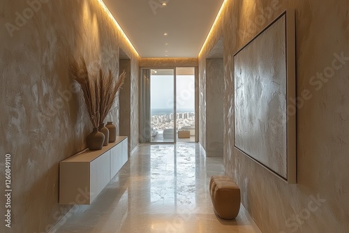 Sleek hallway with whitewashed floor and recessed lighting modern home interior design bright room contemporary style