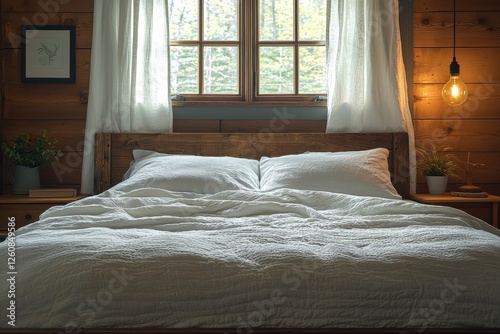 Cozy clutter-free bedroom rustic cabin interior design natural light peaceful retreat serenity