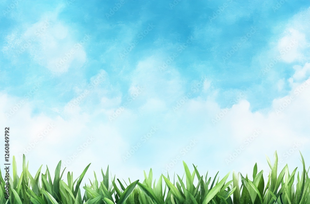 Fototapeta premium Blue Sky with White Clouds and Green Grass in Watercolor Style – High Resolution