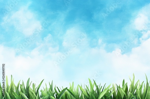 Blue Sky with White Clouds and Green Grass in Watercolor Style – High Resolution