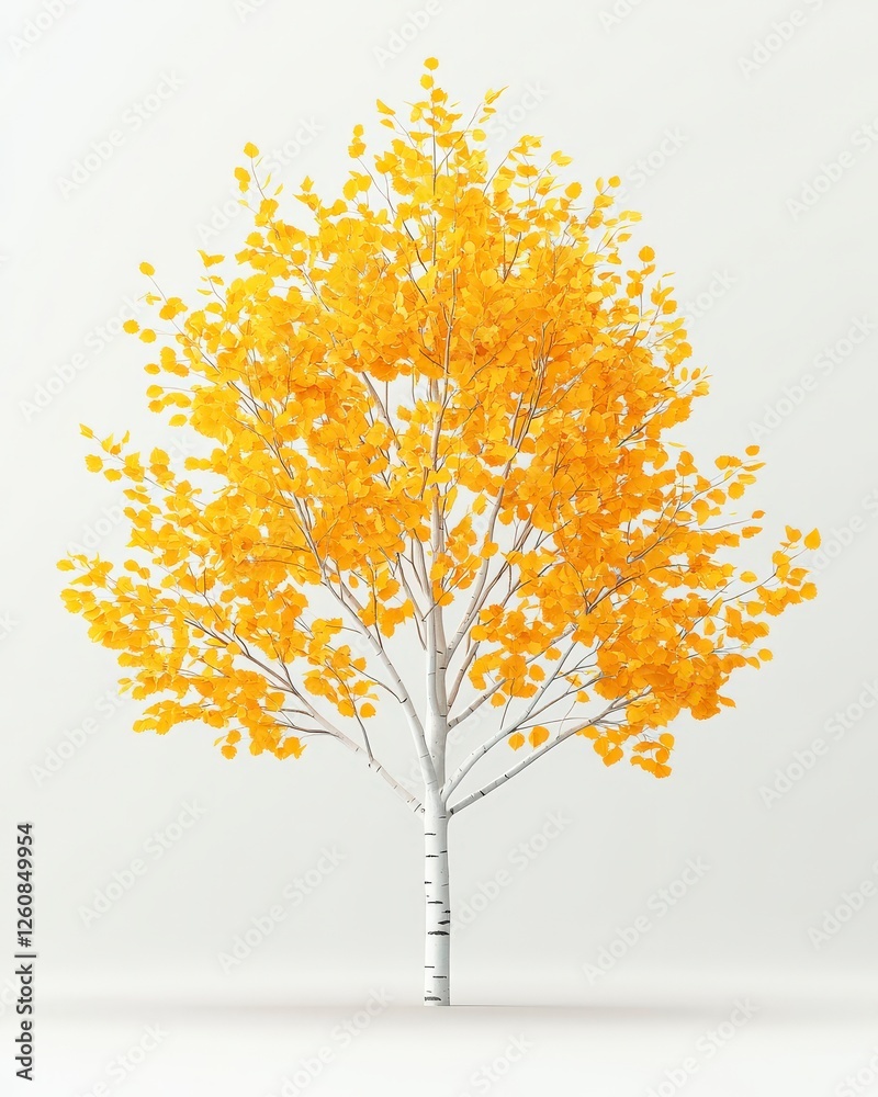 Fototapeta premium A vibrant yellow tree with a white trunk, set against a light background, showcasing autumn foliage and natural beauty.