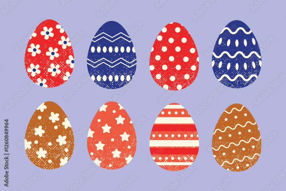 Happy Easter. Set of Easter eggs with different textures on a purple background. Spring holiday. Vector Illustration isolated. Happy easter eggs Happy Easter. Set of Easter eggs with different textures on a purple background. Spring holiday. Vector Illustration isolated. Happy easter eggs