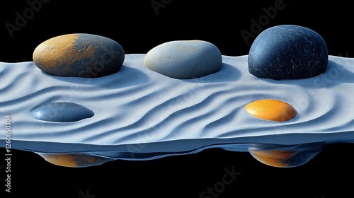 Colorful stones arranged on wavy white sand