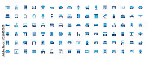 Set of Furniture icon. Bedroom, Interior, Stool Stand, Seat , Dining Table, Room, Cupboard, Mirror, Sofa Bed, Bathtub, Cabinet, Camping, Chair, Clock, Closet, Couch, Desk Lamp vector illustration.