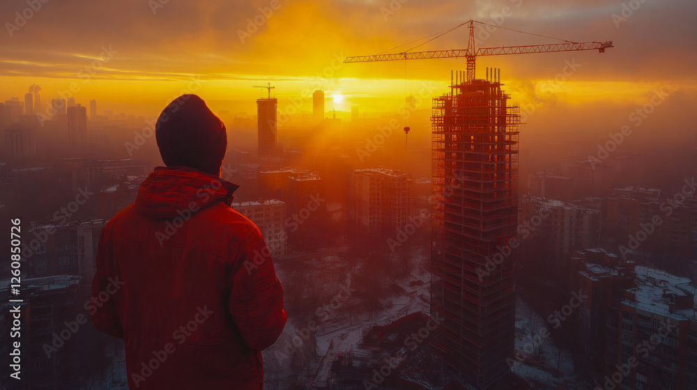 Fototapeta premium A skyscraper under construction, surrounded by fog and other high-rise buildings, illuminated by the golden sunset