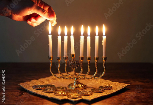 A medium close-up shot of a male hand placing a gelt coin beside a lit candle of the menorah.