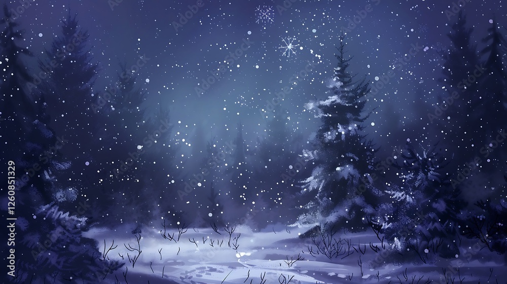 Naklejka premium Winter forest with trees and snowflakes on a dark blue background