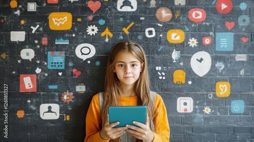 Young girl of mixed ethnicity holding a tablet in front of a colorful social media backdrop.