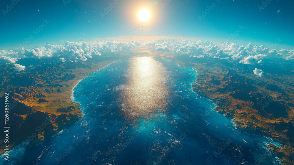 Obraz premium A surreal aerial view of a vast landscape with rolling mountains, lush greenery, and a bright sun rising above the horizon, illuminating the sky with golden hues