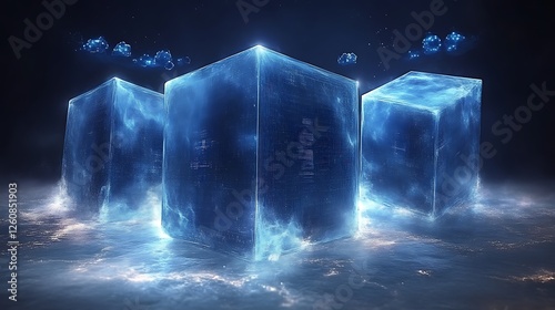 Three luminous blue cubes float above a dark watery surface