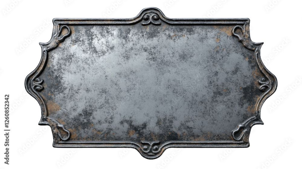 Rusty vintage plaque with ornate frame, isolated on transparent background