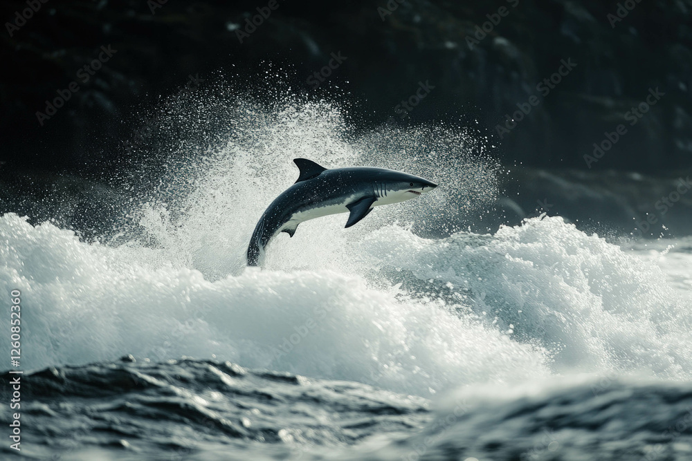 Obraz premium A Spinner Shark Leaping Out Of The Water, Ocean Waves, Dynamic And Powerful
