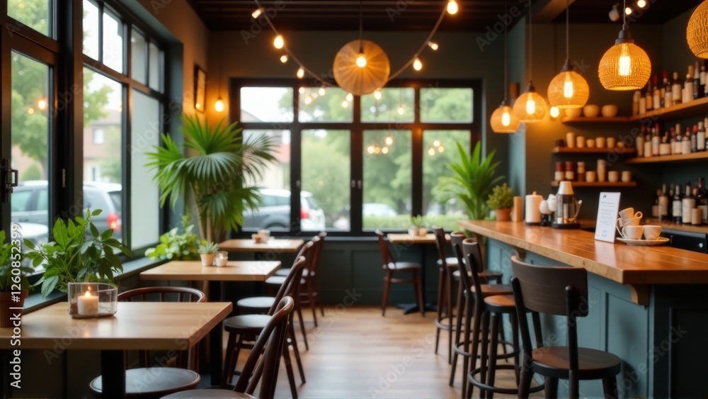 Cozy Cafe Interior with Warm Lighting and Greenery Cozy Cafe Interior with Warm Lighting and Greenery
