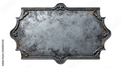 Rusty vintage plaque with ornate frame, isolated on transparent background
