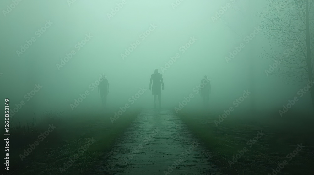 Fototapeta premium Fear of the Dark Concept, Foggy Path with Ominous Silhouettes in a Mysterious and Ethereal Landscape