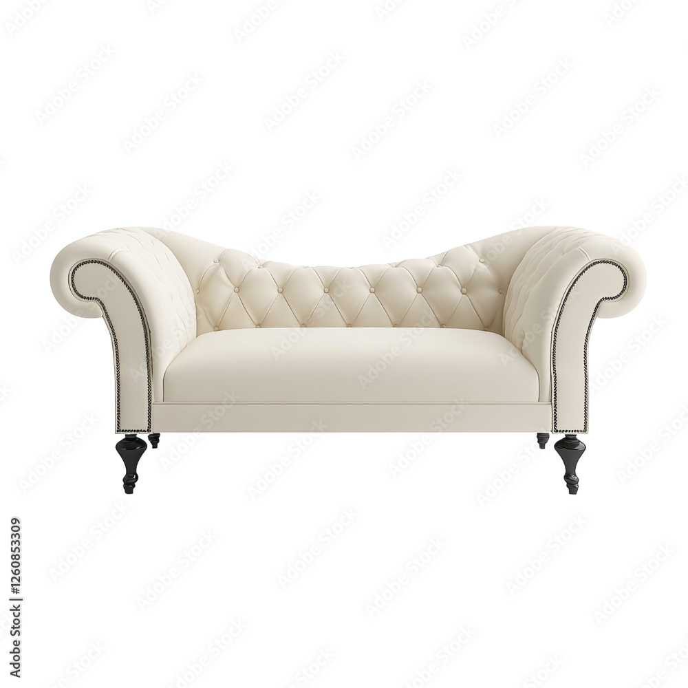 Fototapeta premium Elegant cream-colored tufted sofa with curved arms and intricate detailing for stylish interior design